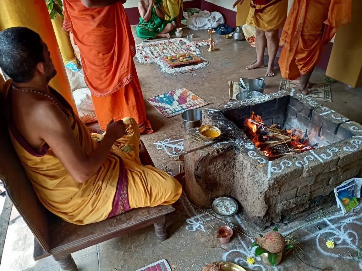 A homa kunda lit for a fire ritual